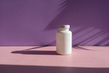 white cosmetic jars on a lilac-pink background with sun shadows. template for cosmetics.