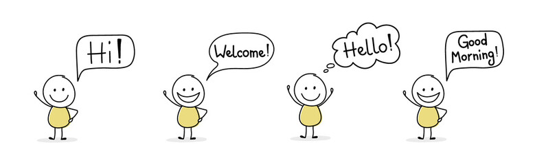 Happy cartoon people with greeting - welcome, hello, hi, good morning. Vector