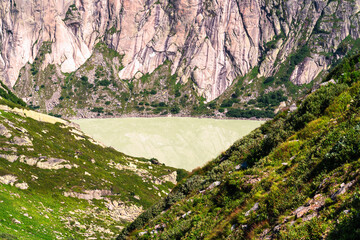 Partial view of a Grimselsee lake in the Oberaarsee mountains in Switzerland