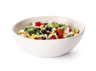 Bowl of Mexican vegetable salad with radish and black beans on white background