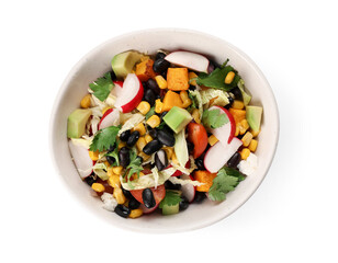 Bowl of Mexican vegetable salad with radish and black beans on white background