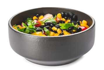 Bowl of delicious Mexican vegetable salad with radish and black beans on white background