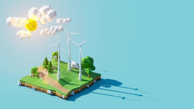 Ecologic earth land simulation low polygon model with windmill 3d animation rendering.Clean natural fresh air conceptual.