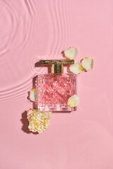 Bottle of floral perfume in water on color background, top view