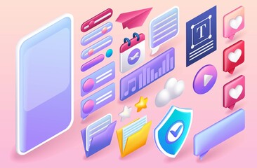 Set Trending 3D Isometric Illustration. Vector smartphone with a set of digital icons. Folders, message box, likes box, protection, calendar. 3D web