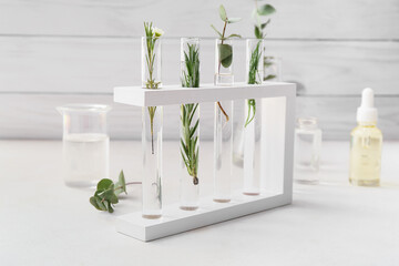 Test tubes with natural essential oils in laboratory