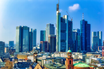 Aerial view over financial district of Frankfurt am Main, Germany.