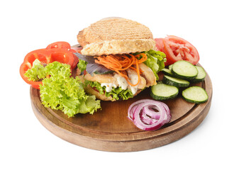 Board with fresh doner kebab in bun and ingredients on white background