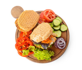 Board with fresh doner kebab in bun and ingredients on white background