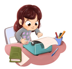 Illustration of a girl typing on a typewriter - 496193643