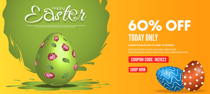 60% off Discount Easter sale poster or banner template with Colorful Painted Easter Eggs. Vector illustration.