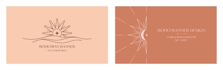 Vector linear boho emblems.Bohemian logo designs with sea,crescent moon,star,sun and sunburst.Modern celestial icons or symbols in trendy minimalist style.Branding design,website banner templates. © Xenia Artwork 