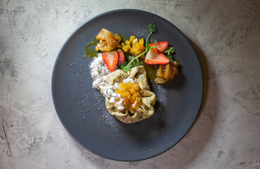 pancake with cottage cheese and strawberries top view