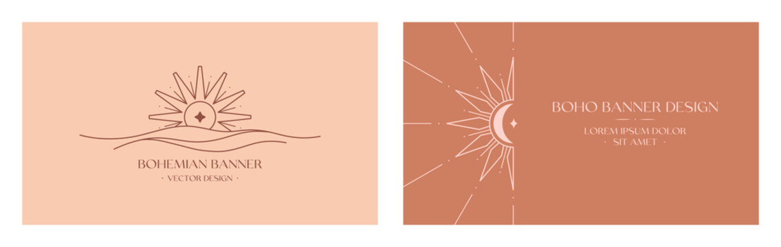 Vector linear boho emblems.Bohemian logo designs with sea,crescent moon,star,sun and sunburst.Modern celestial icons or symbols in trendy minimalist style.Branding design,website banner templates.