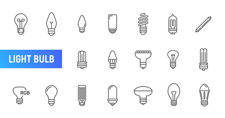 Light bulb line icon set. Lightbulb stroke lamp energy save electric fluorescent spot thin diode economy bulb symbol