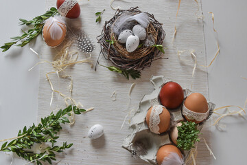 Fototapeta Wielkanoc, kartka świąteczna, jajka, rzeżucha, dekoracje wielkanocne. Easter, easter decorations, eggs, watercress, poster.
 obraz