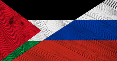 Background with flag of Palestine and Russia on divided wooden board. 3d illustration