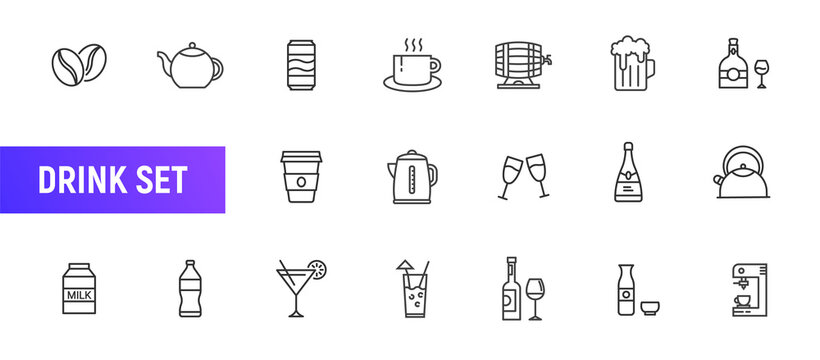 Drink line icon cup juice or coffee. Vector glass tea shake hot bottle cup. Milk drink thin icon set