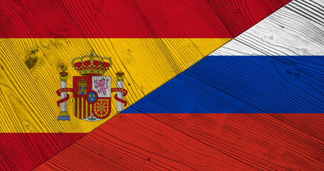 Background with flag of Spain and Russia on divided wooden board. 3d illustration