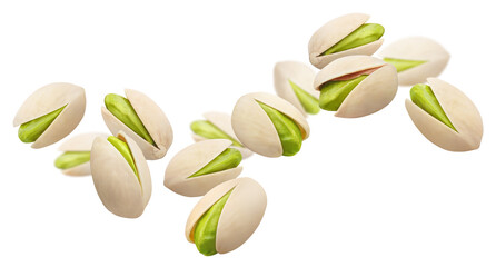 Flying pistachios, isolated on white background