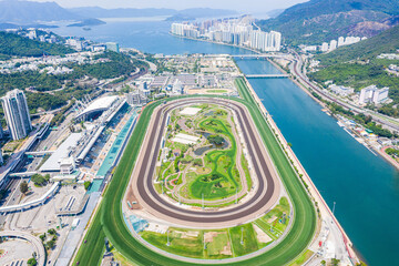 20 apr 2020 - Hong Kong: Aerial view of Sha Tin. Shing Mum River and Jockey Club. with no racing on...