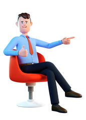 3d man sitting in a chair and points finger and approves with thumb up. Businessman gesturing and smiling. 3d image. 3d render.