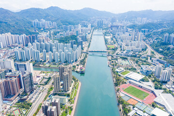 Aerial view of Sha Tin district. New territories in Hong Kong, daytime