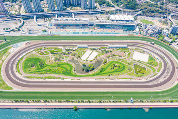 20 apr 2020 - Hong Kong: Aerial view of Sha Tin. Shing Mum River and Jockey Club. with no racing on...