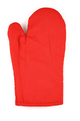 Oven glove for hot dishes isolated on white, top view. Quilted red heat protective mitten.