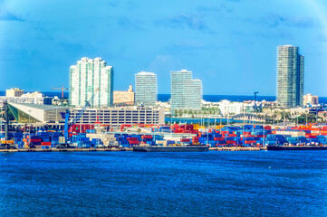 Aerial view over cargo port of Miami, Florida, USA.