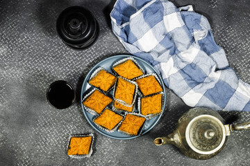 Fried Makrout - Algerian semolina, dates and honey sweets, traditional North Africa sweet food for islam holidays like Ramadan and Eid