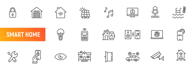 Smart home line icon. Smart control house door building system internet garage network remote control