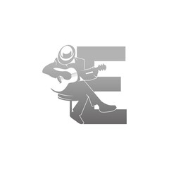 Silhouette of person playing guitar beside letter E illustration