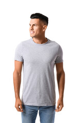 Handsome young man in stylish t-shirt isolated on white