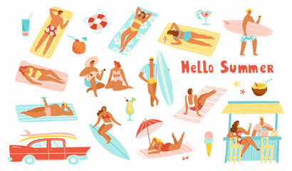 Set of people enjoying summer vacation on the beach. Vector illustration of men and women sunbathing and surfing. Tiki bar with tropical drinks. Trendy retro style. - obrazy, fototapety, plakaty