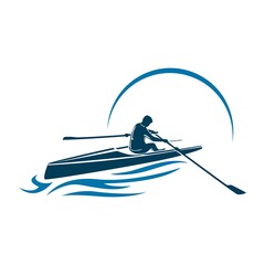 Vector logo illustration of a rower on the river - obrazy, fototapety, plakaty