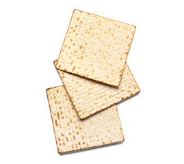 Jewish flatbread matza for Passover on white background, top view