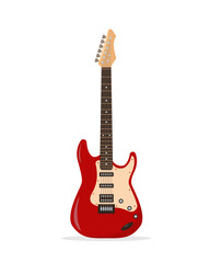 Obraz na płótnie Canvas Electrical Guitar icon. Rock music equipment. Red stringed musical instrument guitar with six strings isolated on white background. Vector illustration in flat or cartoon style.