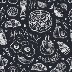 Food, pizza, cup of coffee, fruits and drinks seamless pattern in white crayons on the blackboard