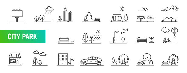 City park tree environment garden house urban street. City landscape garden bench outdoor symbol set