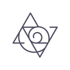 Spiral and Triangles geometric Logo depicting golden ratio. Four magic elements: water, earth, air, fire and energy. Editable stroke. Black and white