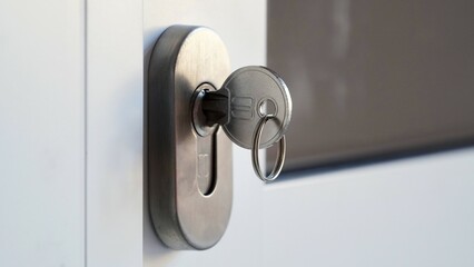 Close-up of a metal key in the keyhole in a plastic white door, the front door to the office,...