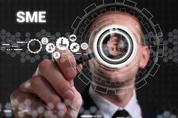 Business, technology, internet and network concept. Young businessman thinks over the steps for successful growth: SME