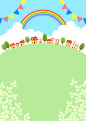 虹と入道雲と旗の街並み背景タテ凸