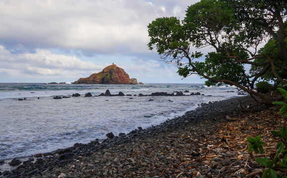 Alau Island Seabird Sanctuary seen from Koki Beach Park on the Road to Hana in the East of Maui island in Hawaii, United States