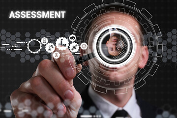 Business, technology, internet and network concept. Young businessman thinks over the steps for successful growth: Assessment