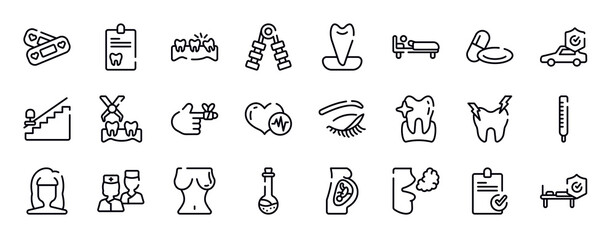 Naklejka premium insurance thin line icons collection. insurance editable outline icons set. 2 pills, car insurance, null, extraction, bandaged hurt finger, heart beats stock vector.