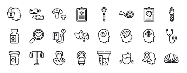 allergies thin line icons collection. allergies editable outline icons set. mental checklist, splint, drug container, health check, sphygmomanometer, music therapy stock vector.