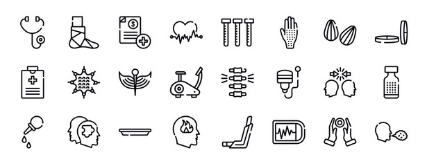 allergies thin line icons collection. allergies editable outline icons set. almond, lozenge, medical record, massage ball, medical, stationary bike stock vector.