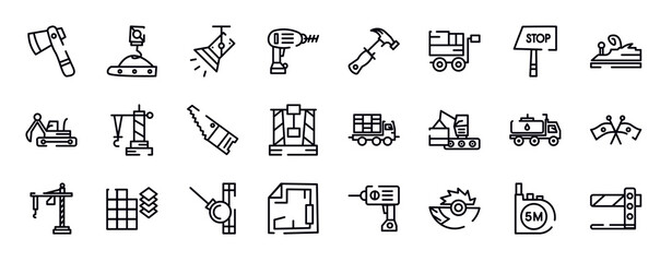 constructicons thin line icons collection. constructicons editable outline icons set. stop hand drawn, wood brush tool, excavator hine arm, derrick facing right, band saw, derrick with box stock